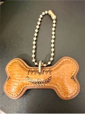 Authentic MCM Cognac Visetos Leather Bone Bag Charm Keychain Vintage